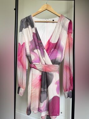 Express Pink Abstract Wrap Romper Size M Long Sleeve Sheer Chiffon Tie Waist